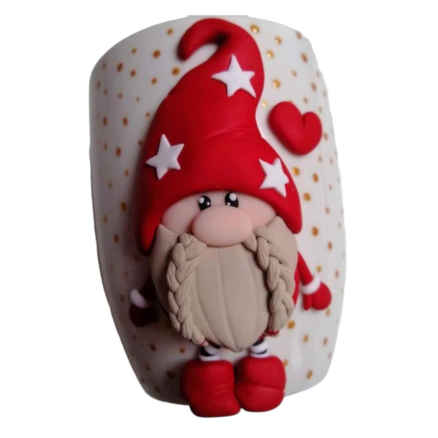 Cana decorata manual cu lut polimeric Fimo, personalizata pentru Craciun cu figurina model "Gnom".