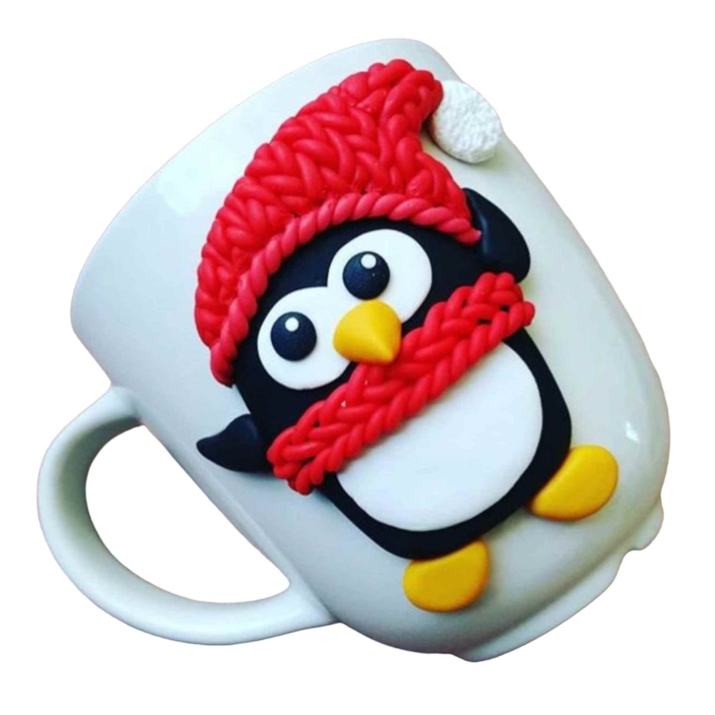 Cana cadou de Craciun, fara fundal, cu lut polimeric Fimo, handmade cu figurina de Craciun "Pinguin".