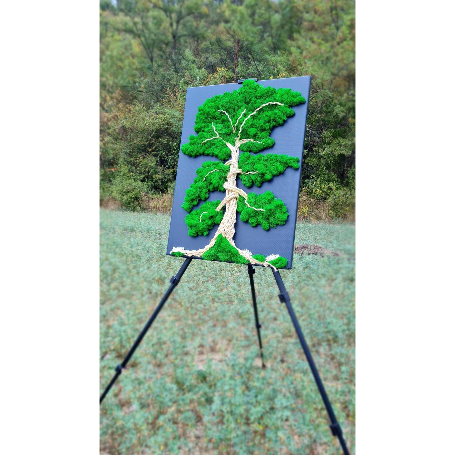 Decor natural cu licheninaturali si sfoara impletita handmade, ilustrand un copac 3D impresionant.