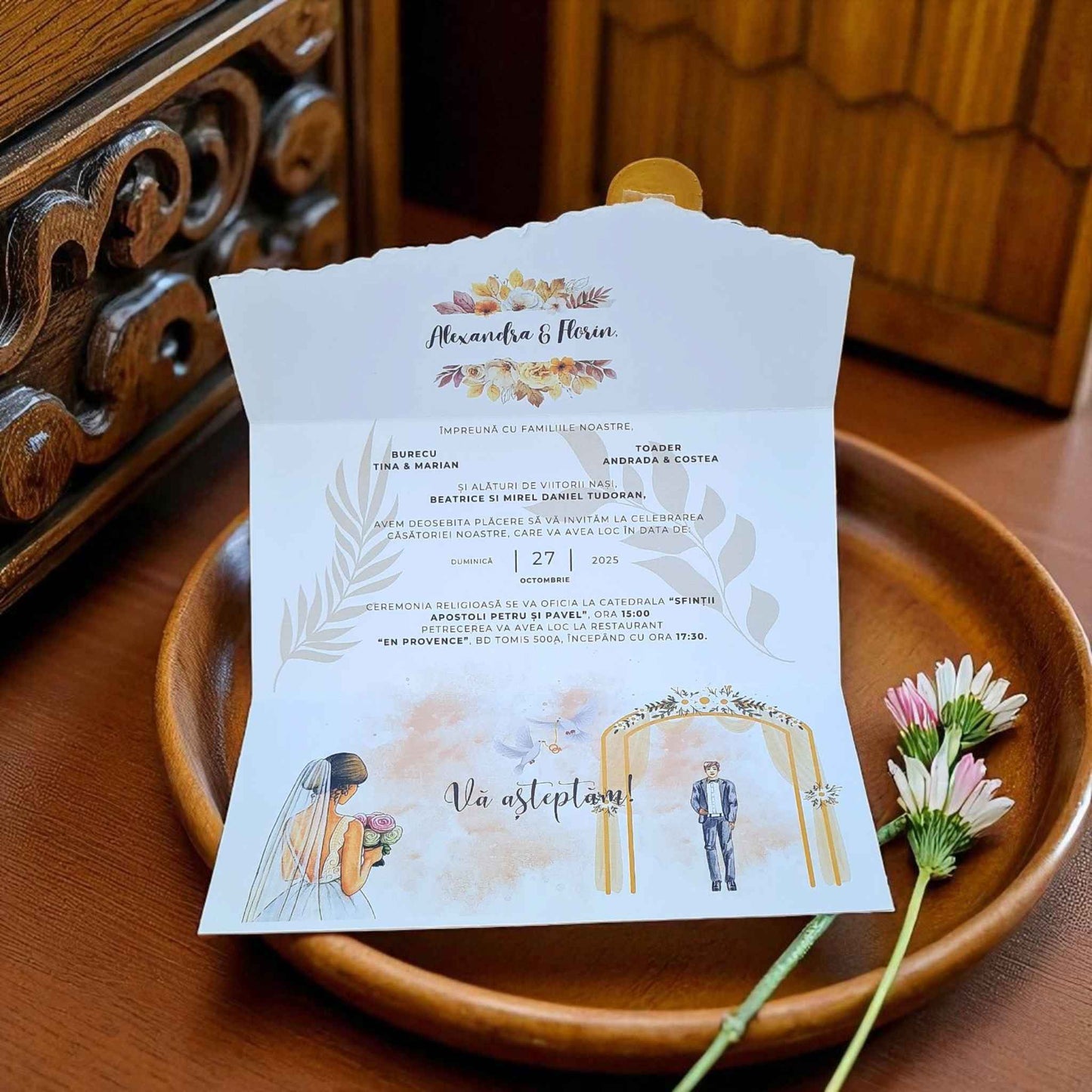 Invitatii de nunta, ieftine, elegante, cu plic inclus si sigiliu de ceara auriu.