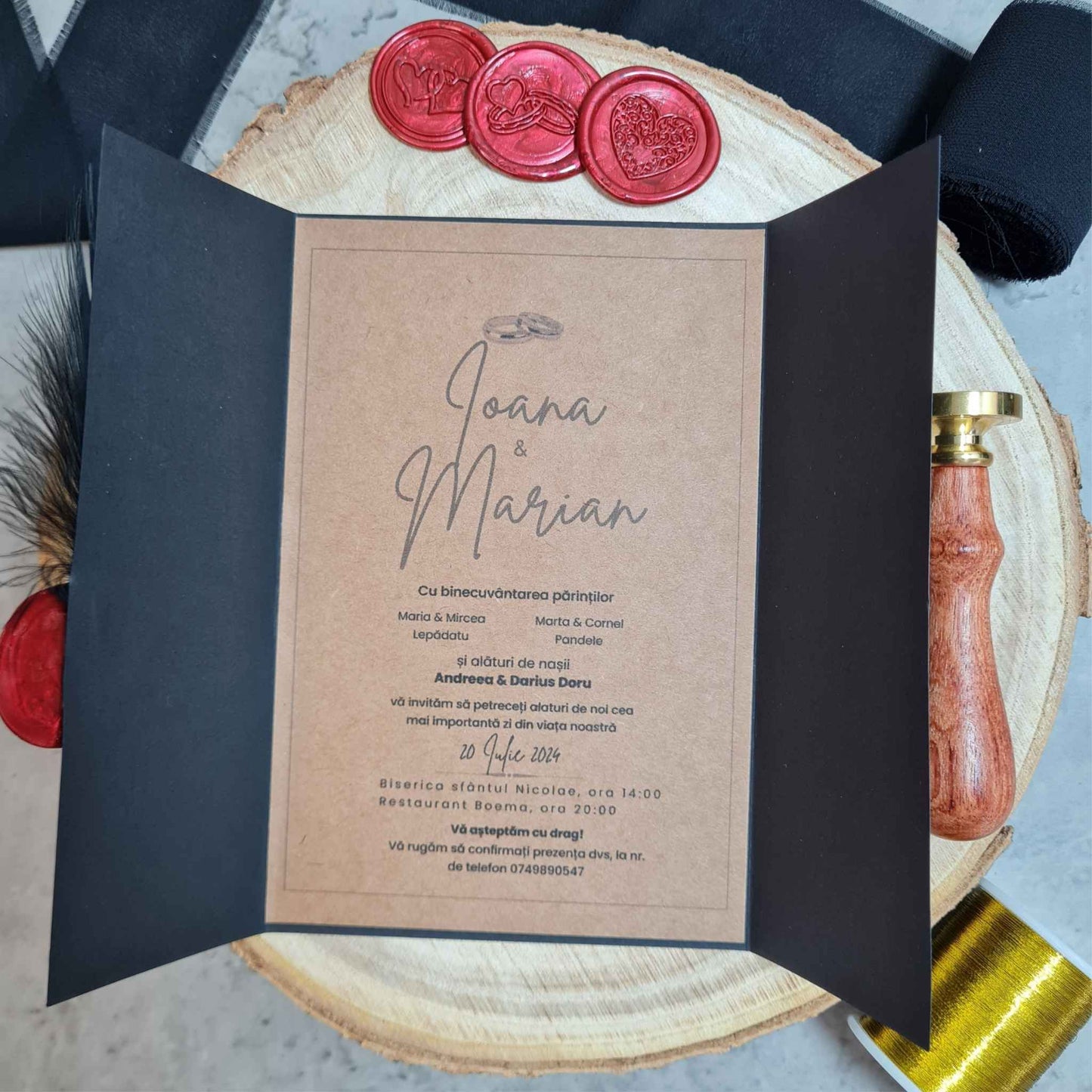 Invitatie de nunta cu sigiliu ceara "Save the date", pana neagra si plic negru.