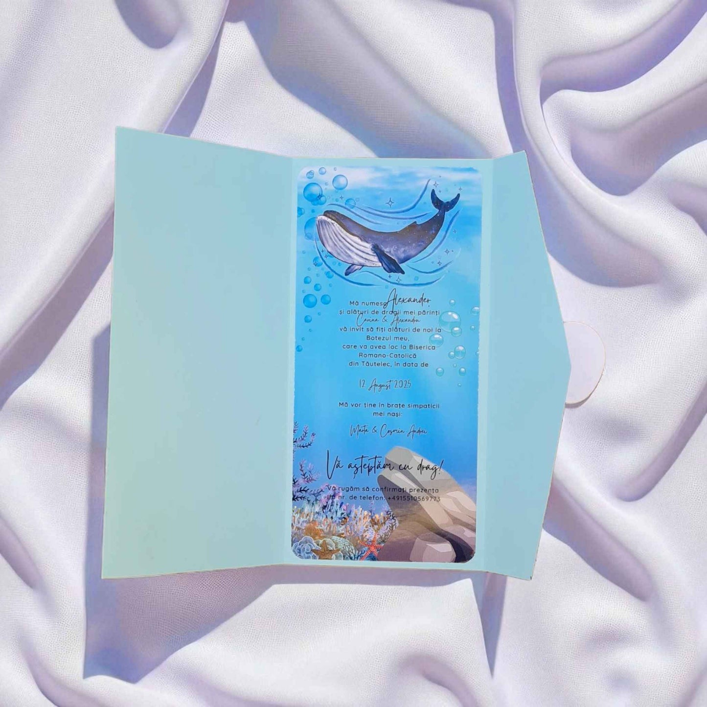 Invitatie de botez baiat, ieftina cu plic inclus. Invitatie de botez albastra, model mare, ocean.