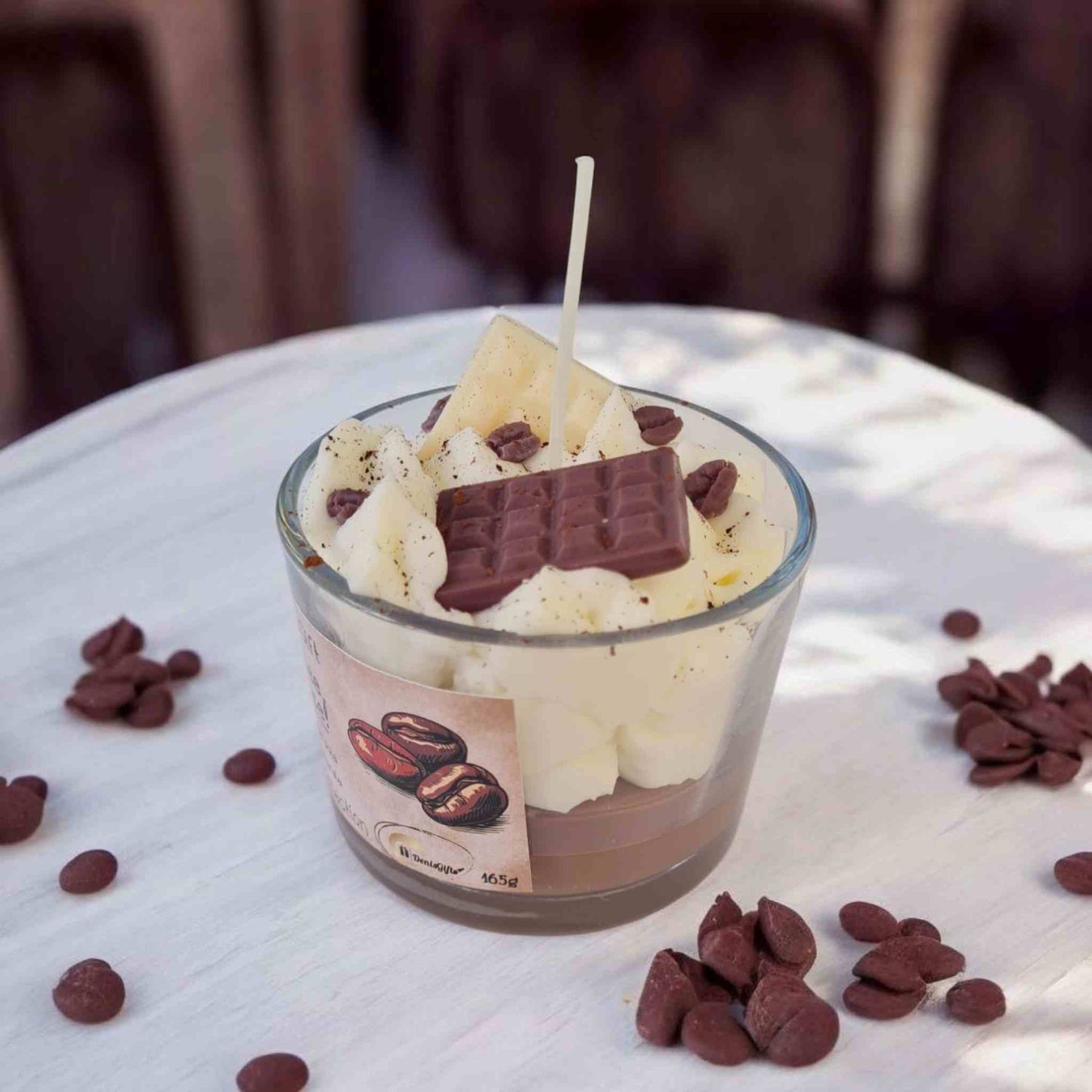 Lumanari tip desert cu ciocolata si cafea cu frisca, din ceara naturala de soia. Lumanari decorative desert.
