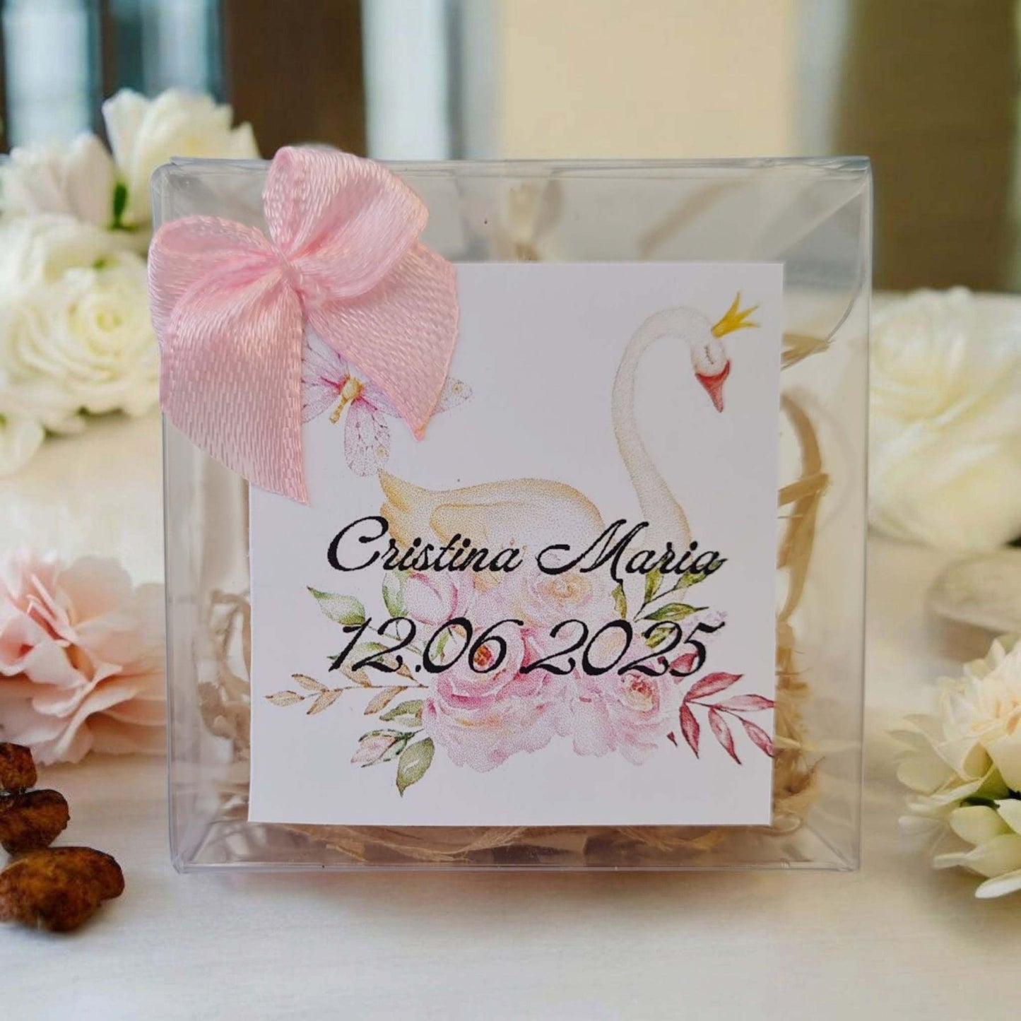 Marturie de botez fetita, roz, lumanare bubble in cutiuta personalizata cu fundita.