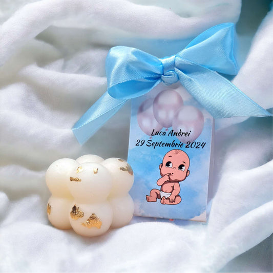 Marturii de botez baiat, lumanare bubble cu foita de aur. Marturii de botez baiat personalizate 2025.