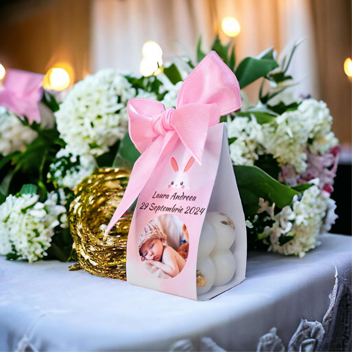 Marturii de botez fetita, roz, lumanare bubble, personalizata cu foita de aur. Marturii de botez deosebite.
