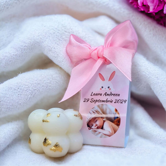 Marturii de botez, fetita roz, personalizate, lumanare cu foita de aur aplicata manual.