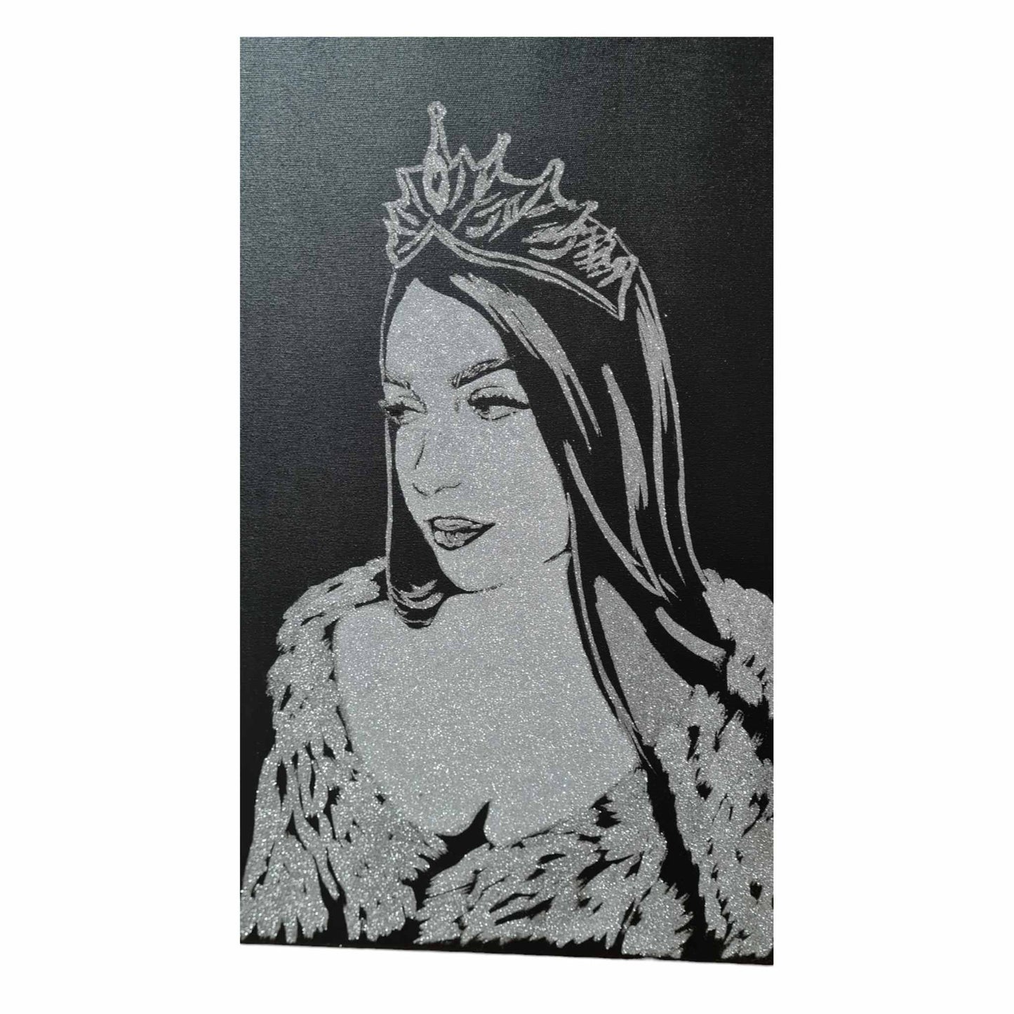 Portret cu sclipici argintiu cu persoana, pictat manual si personalizat dupa poza clientului pe panza canvas de 100x80 cm.