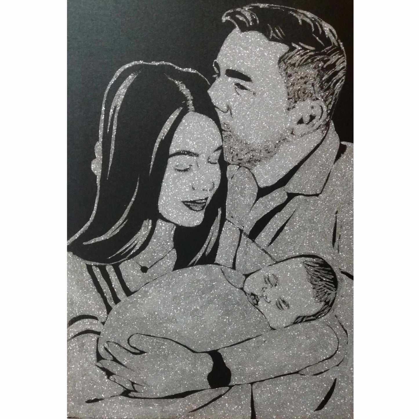 Portret de familie cu sclipici argintiu, pictat manual si personalizat dupa poza clientului pe o panza canvas de 50x70 cm