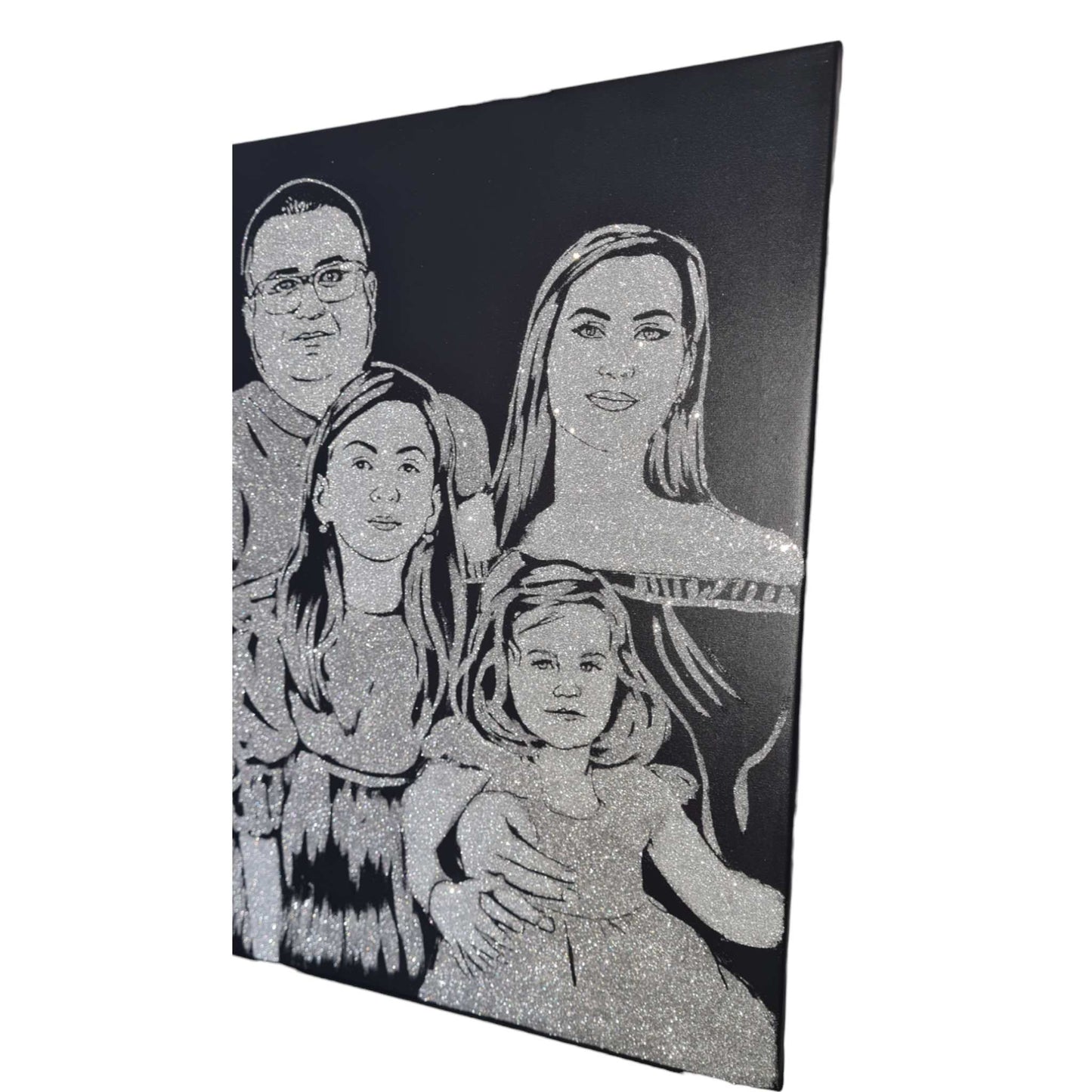 Tablou cu sclipici argintiu pentru nasi, pictat manual si personalizat dupa poza clientului pe panza canvas de 100x80 cm.