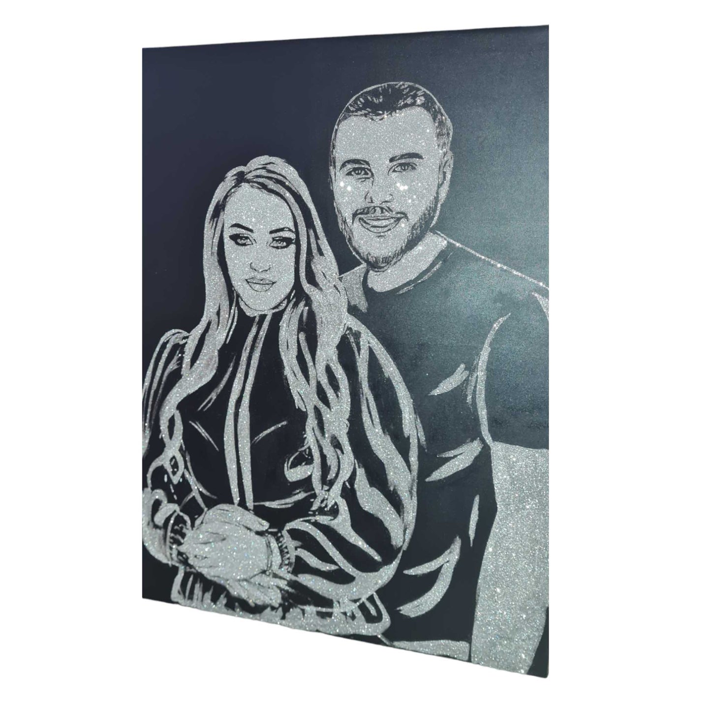 Portret cu sclipici argintiu pentru nasi, pictat manual si personalizat dupa poza clientului pe panza canvas de 100x80 cm.