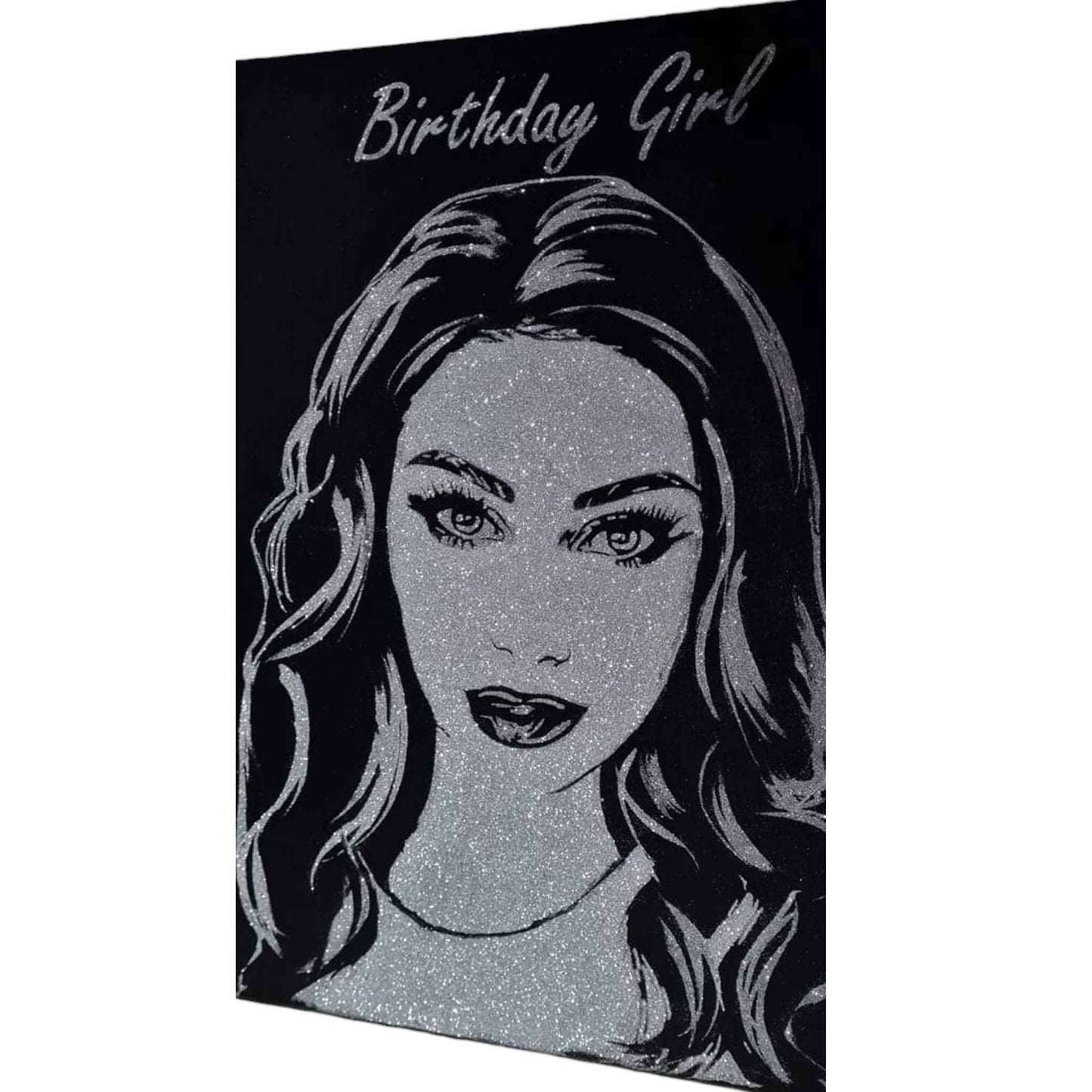 Portret cu sclipici argintiu si text personalizat "Birthday Girl", format A3, pictat manual pe panza canvas.