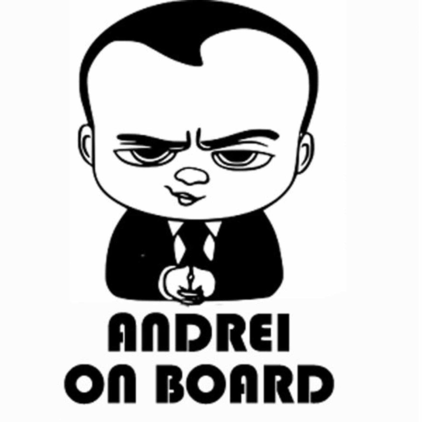 Sticker auto personalizat cu nume copil "on board" din autocolant oracal, negru.