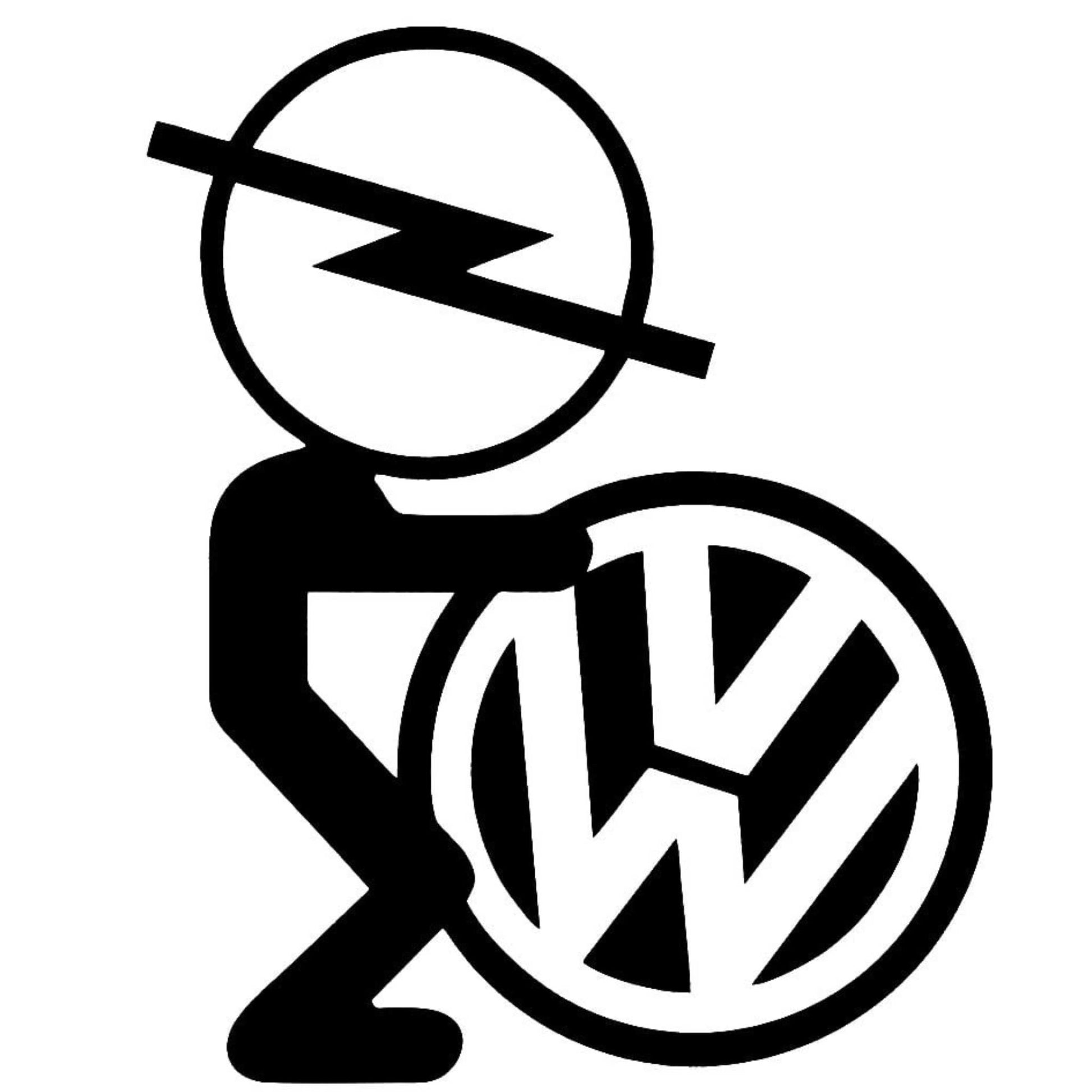 Sticker auto funny, cu marca Opel si Volkswagen, din autocolant negru Oracal.