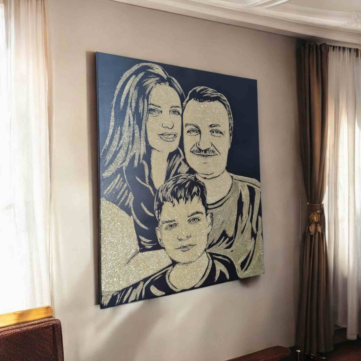 Tablou cu sclipici auriu personalizat, pictat manual, 100x80 cm cu 3 persoane. Tablou cu sclipici petru nasi, de familie.