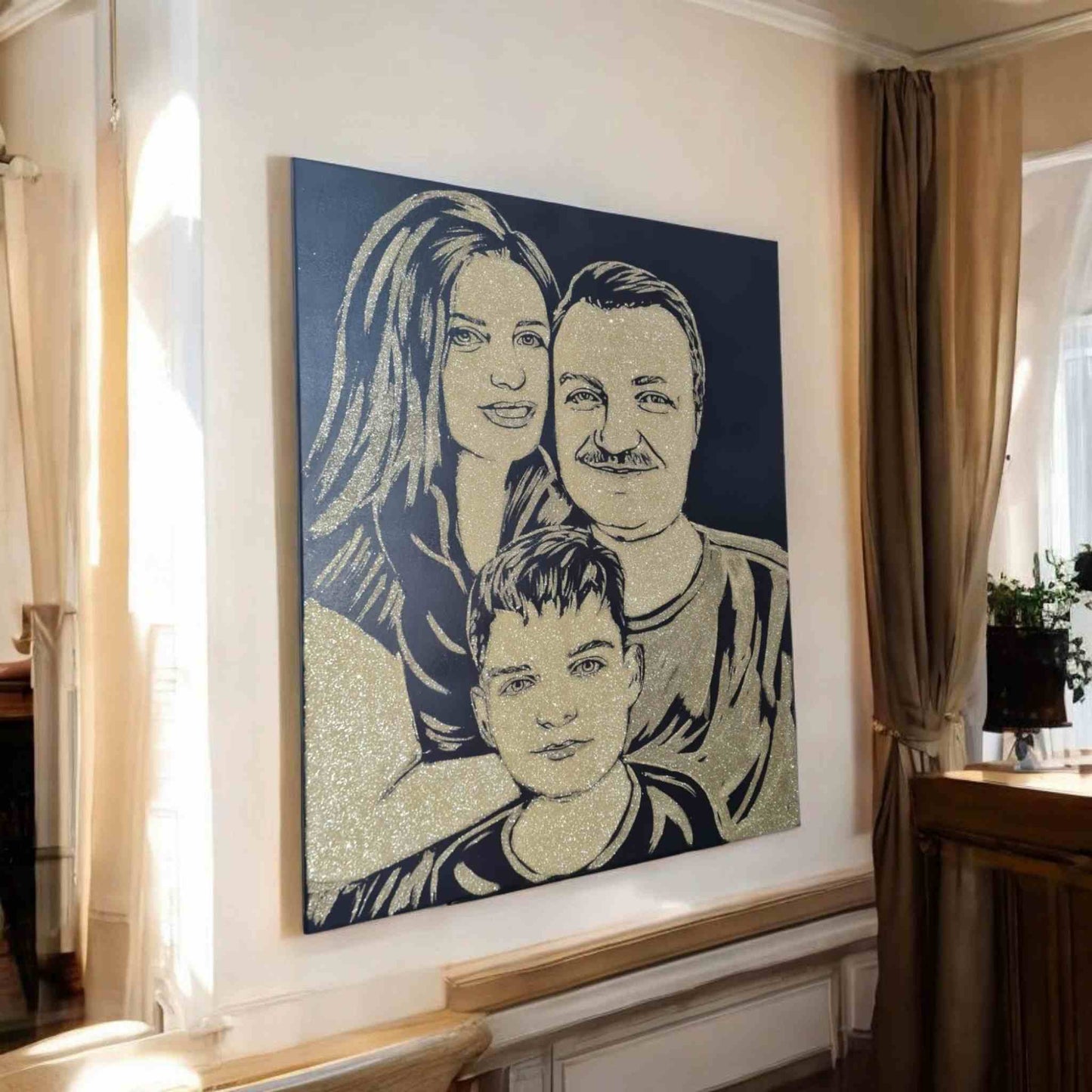 Tablou cu sclipici auriu personalizat, pictat manual. Tablou cu sclipici auriu cu 3 persoane, 50x70 cm.