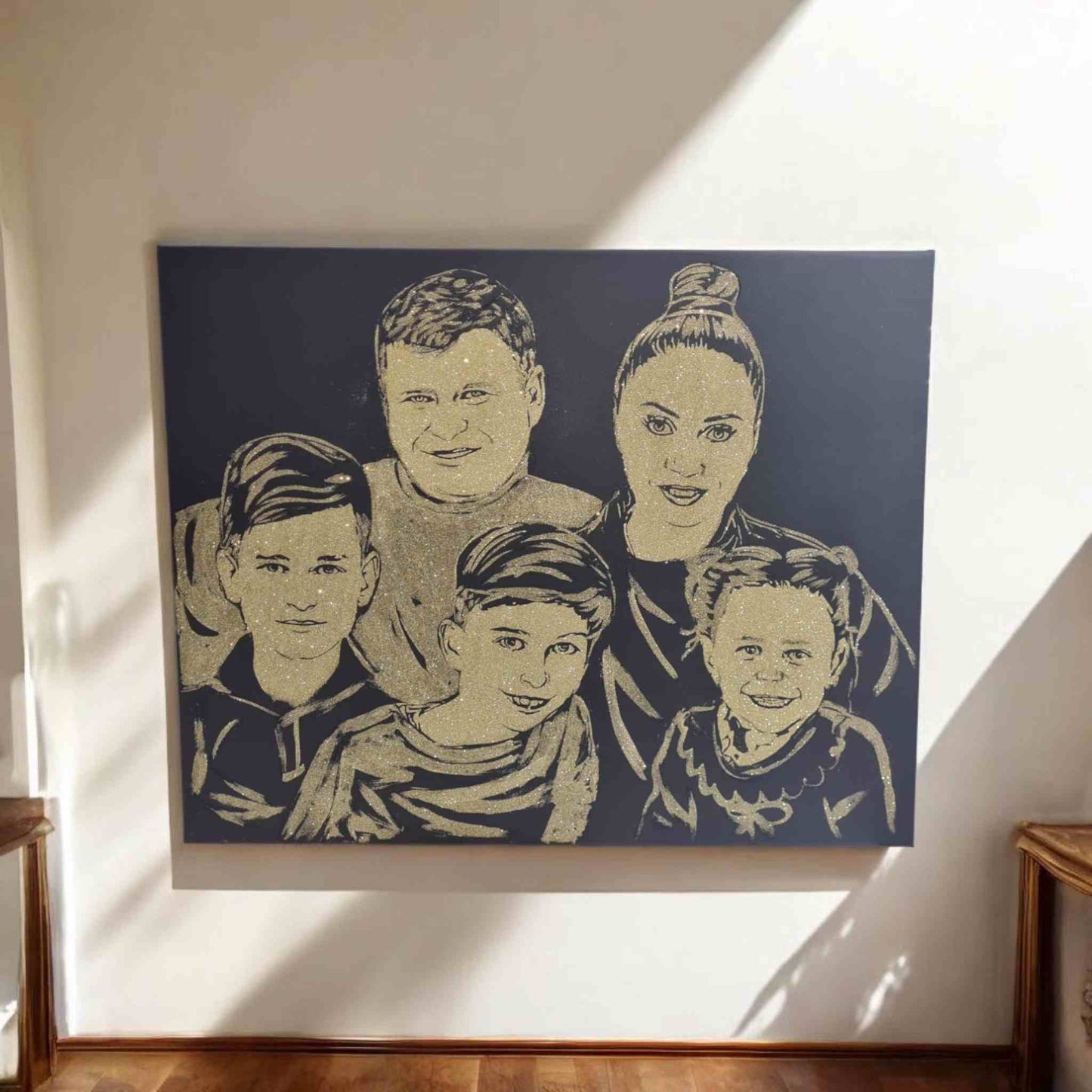 Tablou cu sclipici auriu mare,pentru nasi, cu 5 persoane. Tablou cu sclipici personalizat.