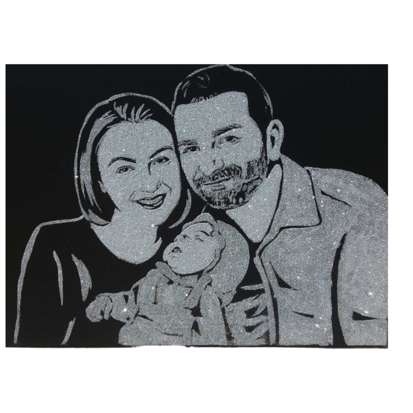 Tablou cu sclipici si praf de stele, de familie, pictat manual si personalizat dupa poza clientului pe panza canvas.