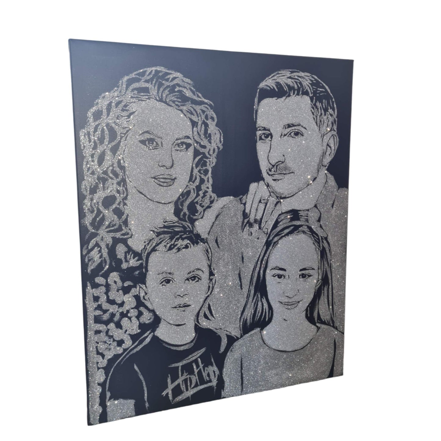 Portret cu sclipici argintiu pentru nasi de dimensiune mare, de 100x80 cm, pictat manual si personalizat cu praf de stele.