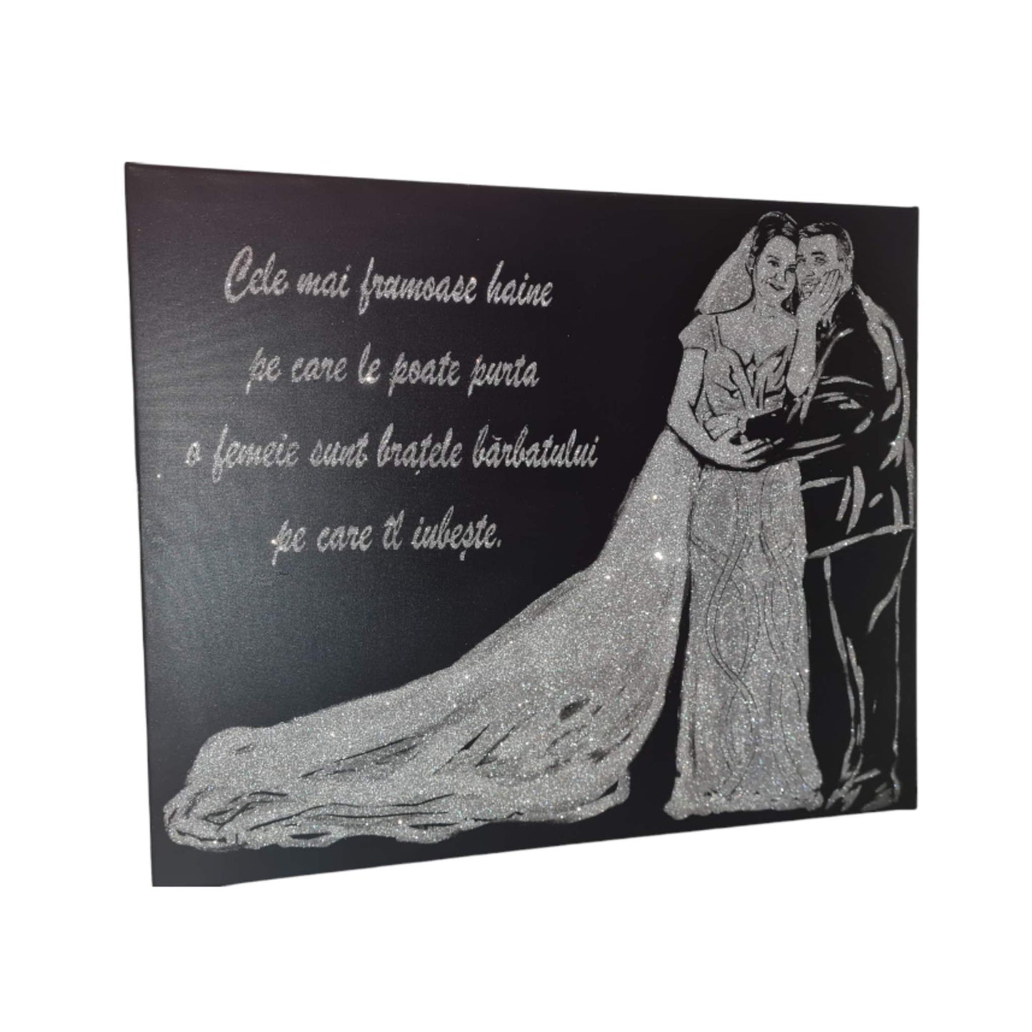 Tablou cu sclipici argintiu pentru miri si text personalizat, pictat manual dupa poza clientului pe panza canvas de 100x80 cm.