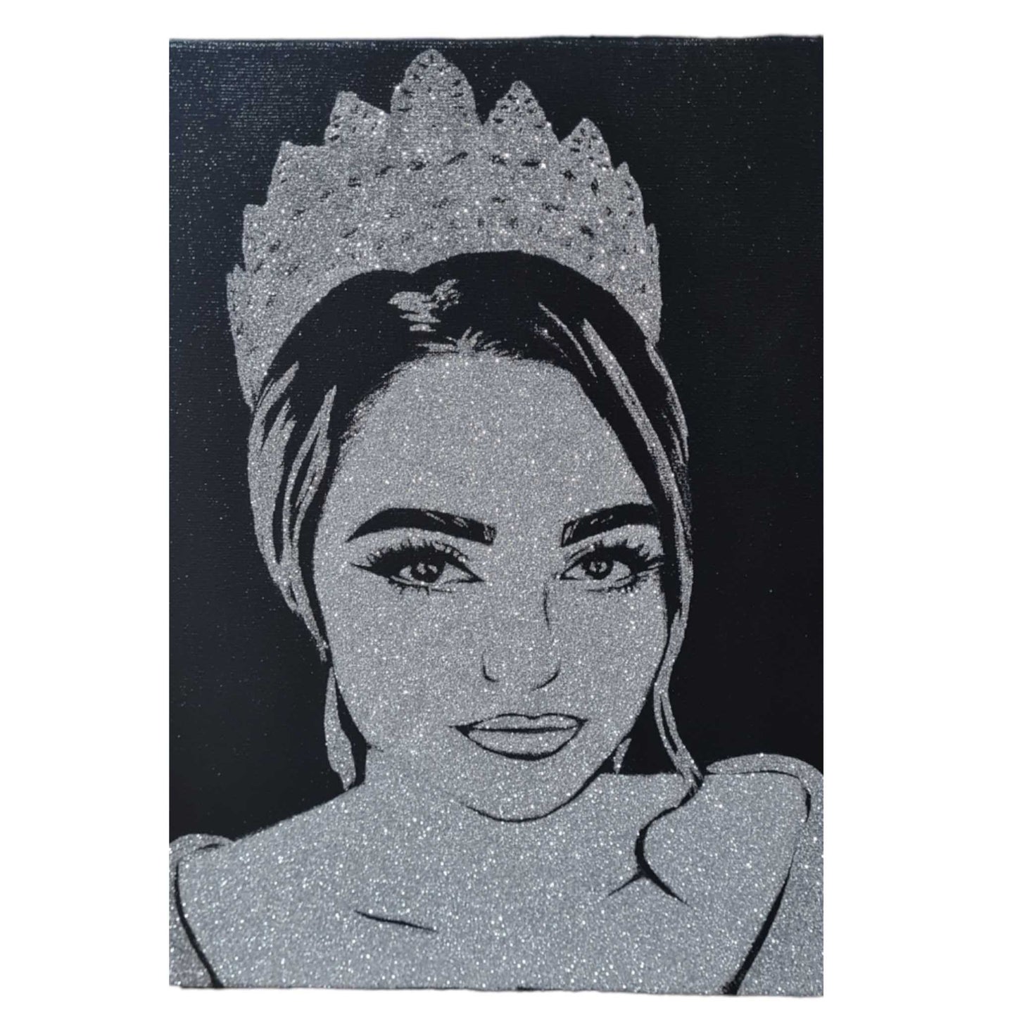 Portret cu sclipici argintiu, pictat manual, format A3, personalizat dupa poza iubitei de Sfantul Valentin.