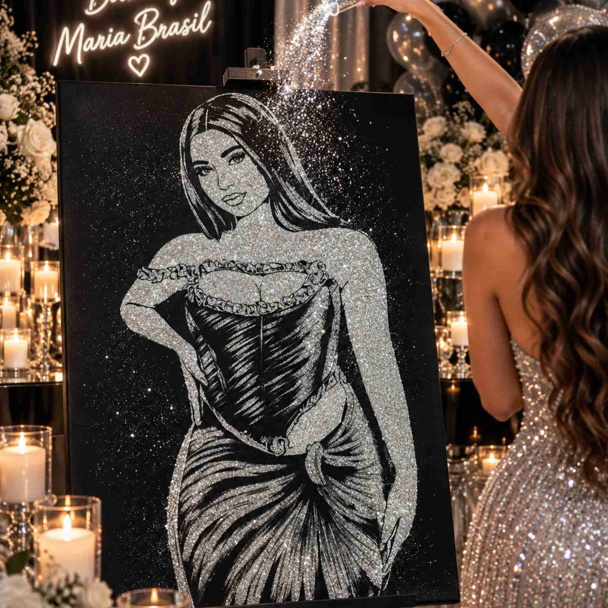 Tablou cu sclipici argintiu interactiv si personalizat pentru evenimente, zile de nasteri in care saratoritul arunca sclipiciul peste tablou.
