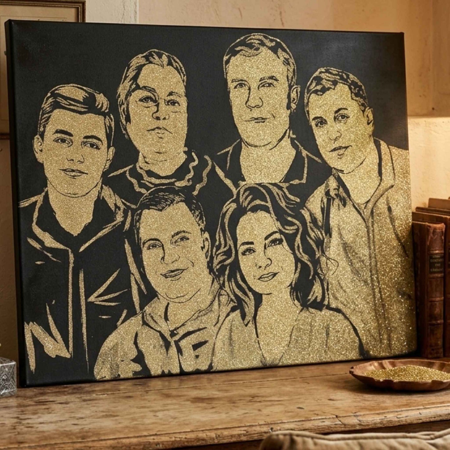 Tablouri cu sclipici auriu, personalizate, portrete de familie, 6 persoane, 100x80, pictate manual.