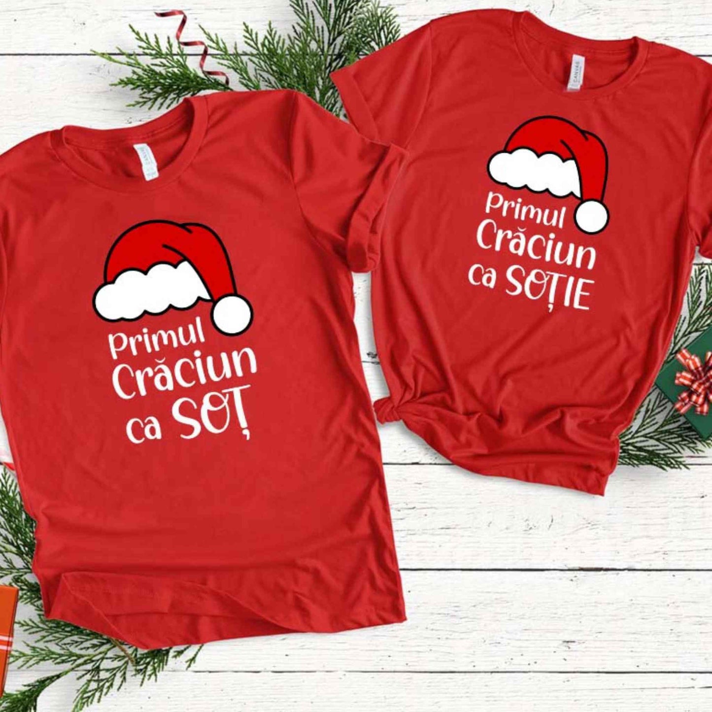 Tricouri de Craciun pentru proaspat insuratei, rosii, 100% bumbac. Imprimeu de Craciun.