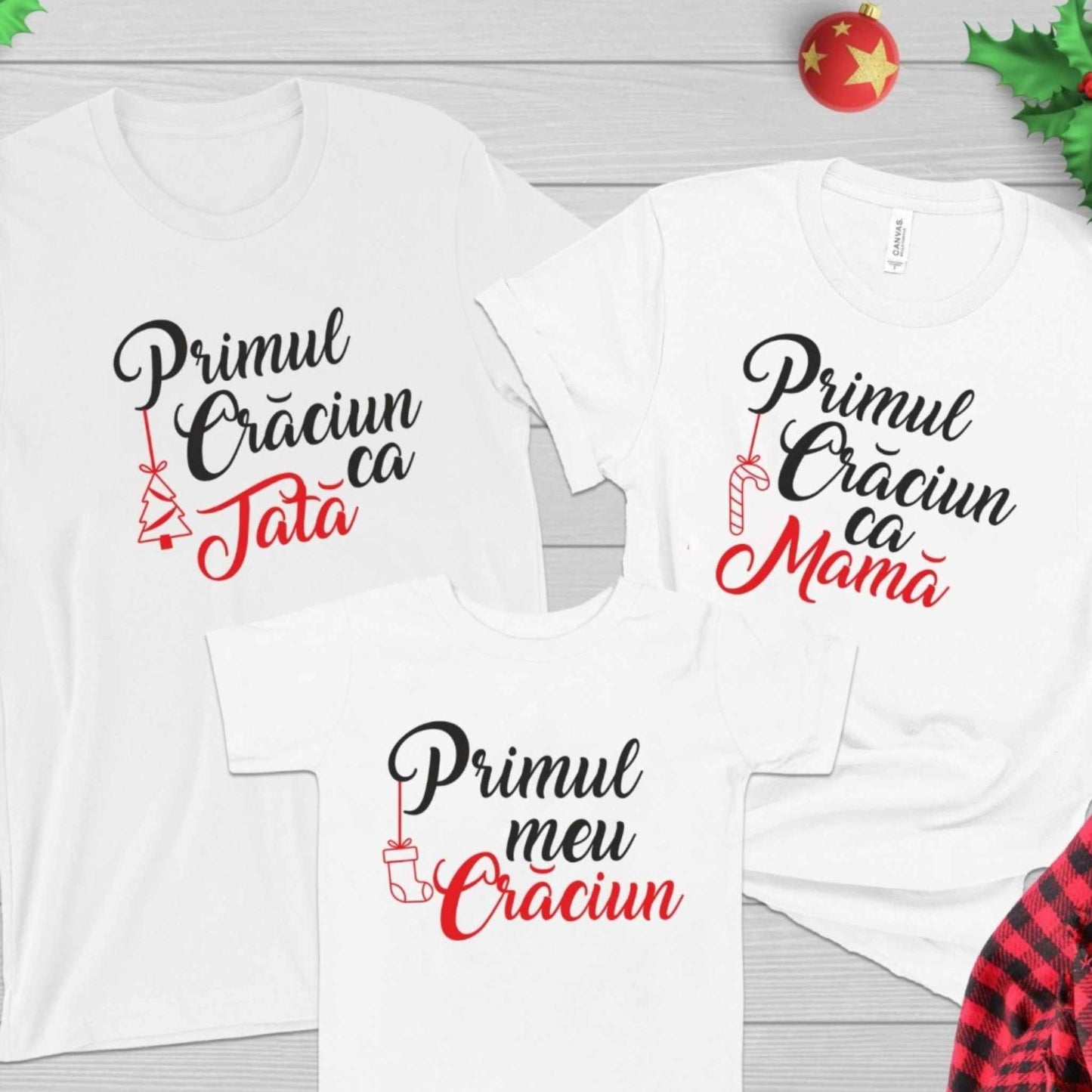 Set trei tricouri de Craciun de familie, personalizat cu textul "Primul Craciun in 3".