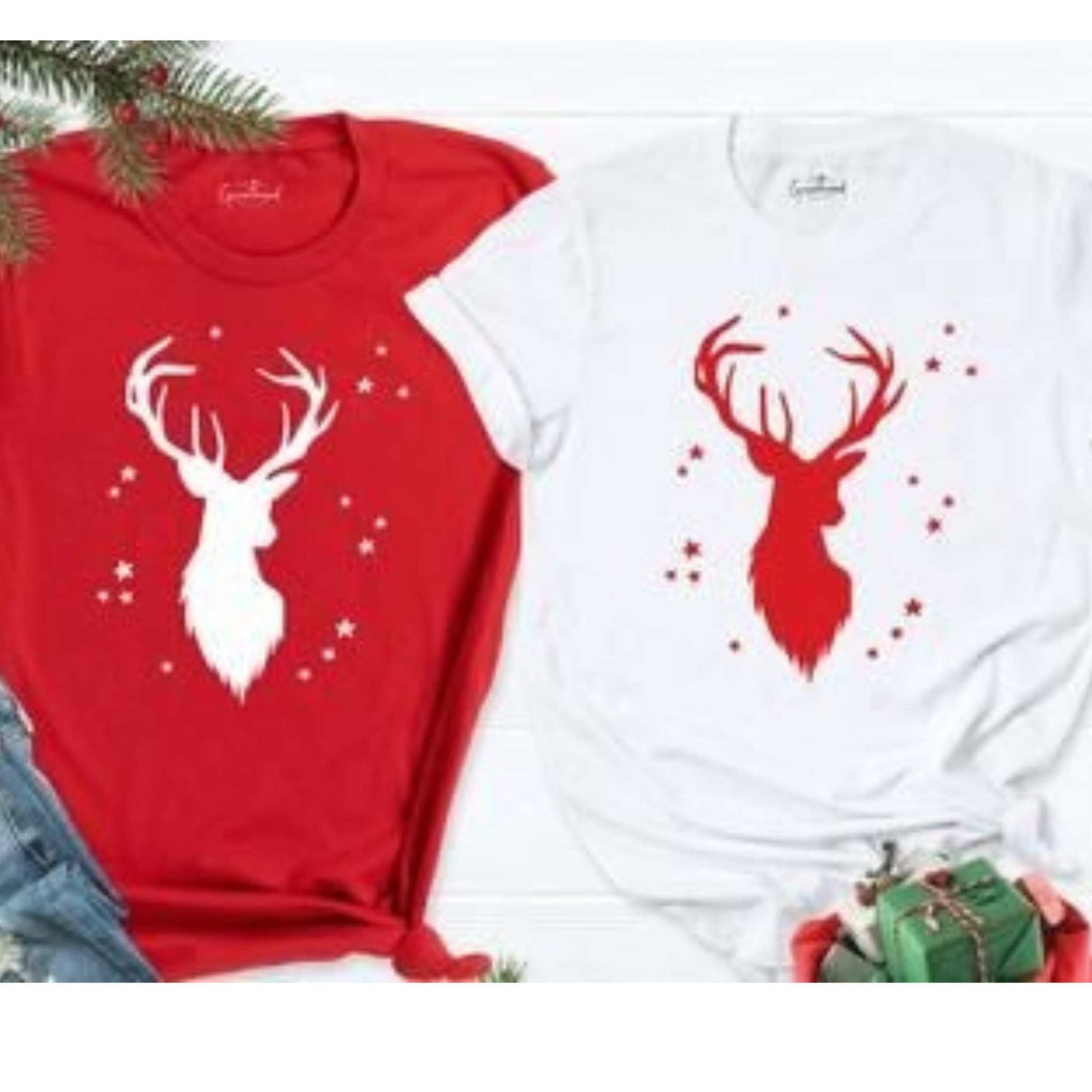 Tricouri de Craciun, de cuplu, personalizate cu imprimeu de Craciun "Ren", de calitate si rezistent.