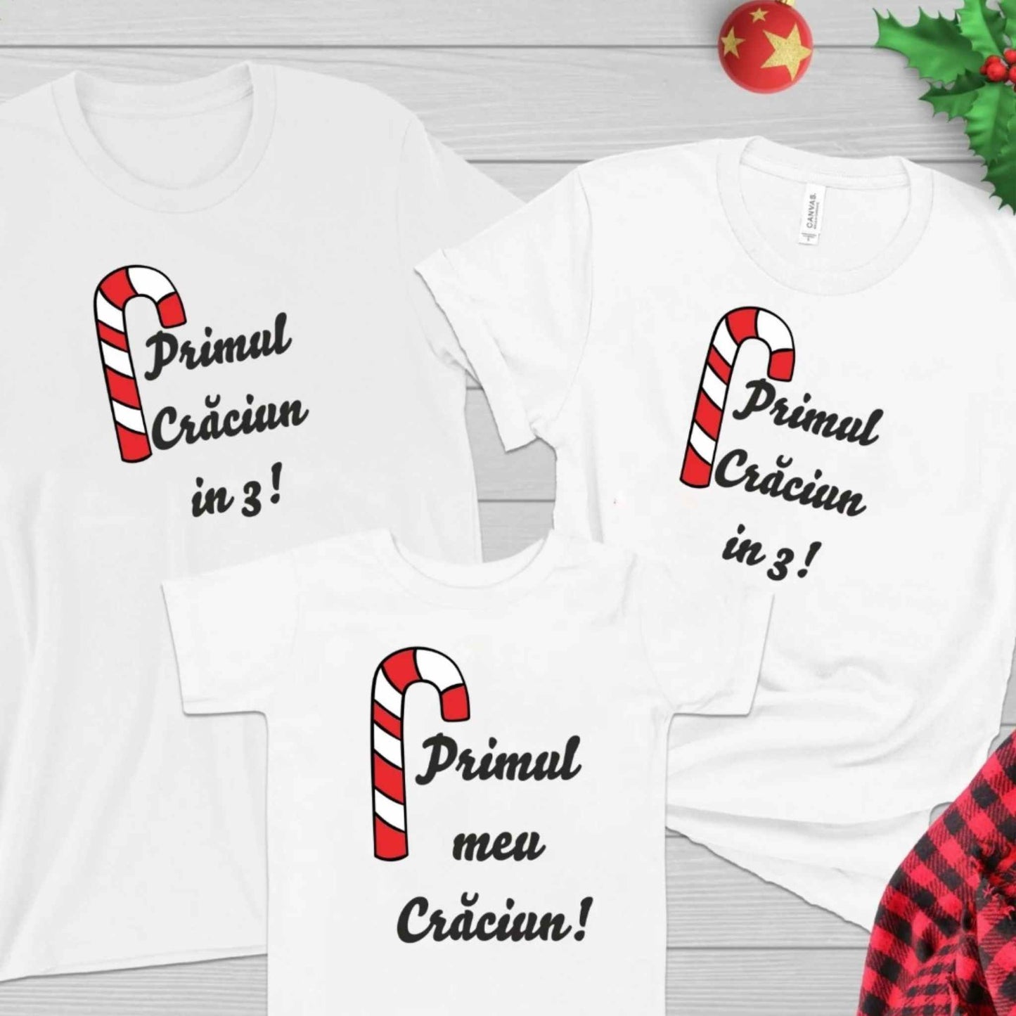 Tricouri de Craciun de familie, albe, personalizate cu textul "Primul Craciun ca mama/ tata".