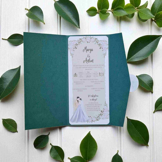 Invitatii de nunta, ieftine, cu carton textura piele, verde smarald. Invitatie de nunta cu plic inclus.

