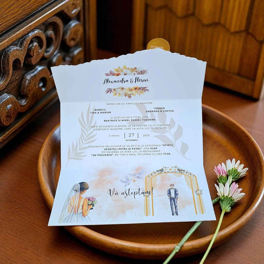 Invitatii de nunta, ieftine, elegante, cu plic inclus si sigiliu de ceara auriu.
