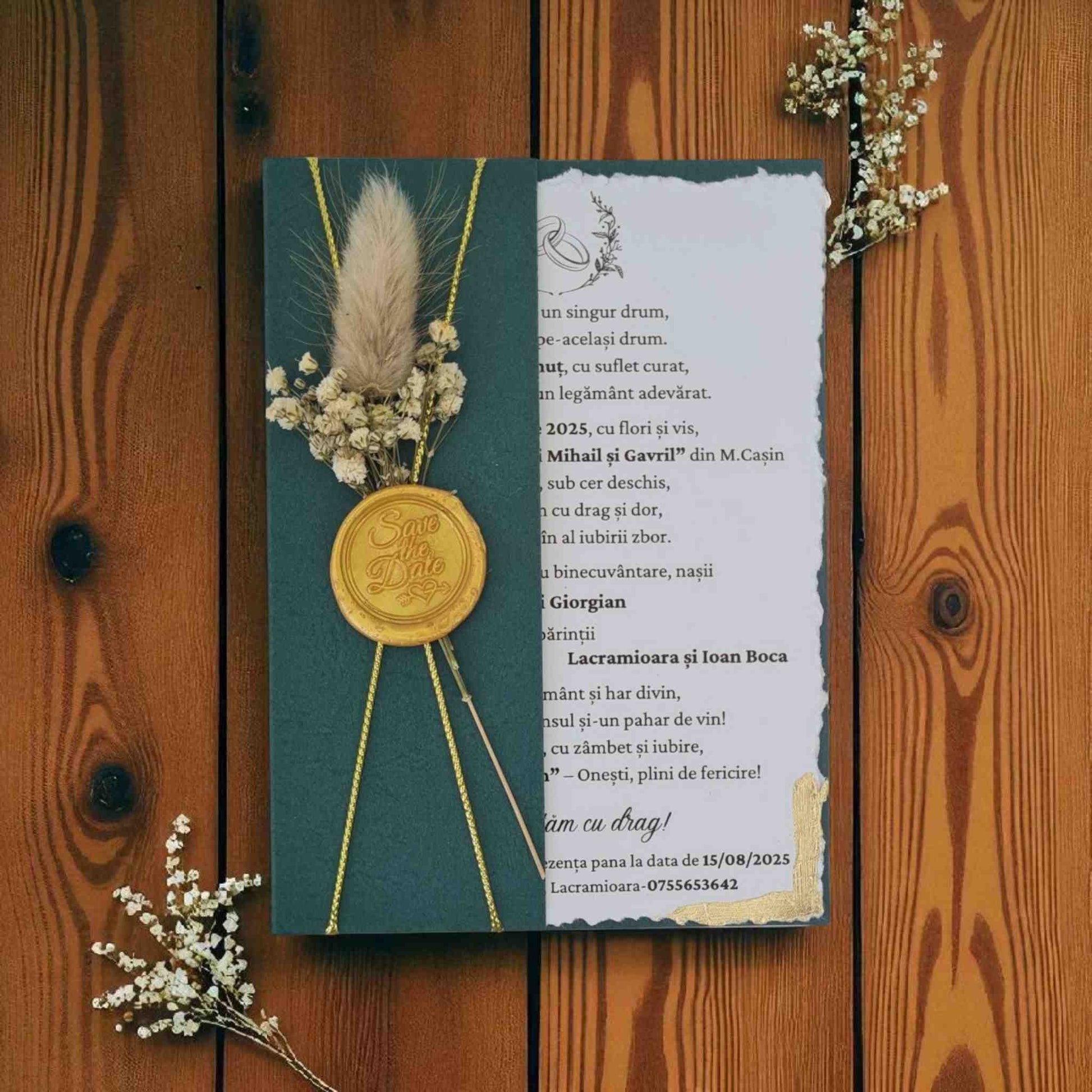 Invitatie de nunta verde smarald cu foita de aur, sigiliu de ceara auriu, flori uscate naturale si plic textura piele.