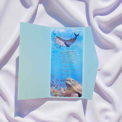 Invitatie de botez baiat, ieftina cu plic inclus. Invitatie de botez albastra, model mare, ocean.