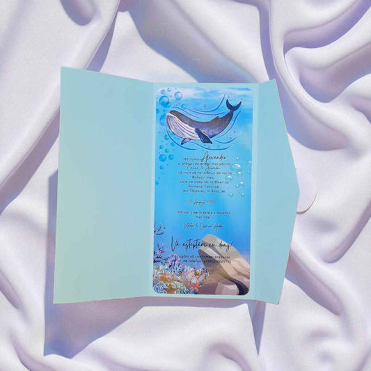 Invitatie de botez baiat, ieftina cu plic inclus. Invitatie de botez albastra, model mare, ocean.