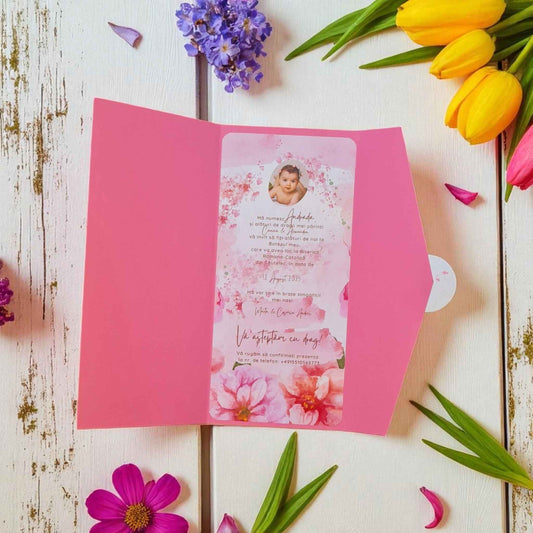 Invitatie de botez fetita cu plic inclus, roz, personalizat. Invitatii ieftine pentru botez fetite cu livrare rapida.