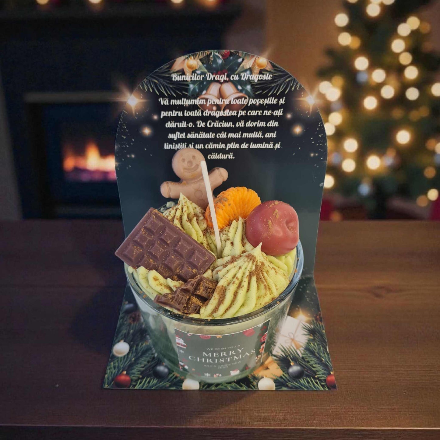 Lumanare tip desert de Craciun, mesaj personalizat pentru bunici, ceara naturala de soia