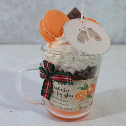 Lumanare cadou de Craciun, cana desert cu frisca, portocale si ciocolata din ceara de soia naturala.