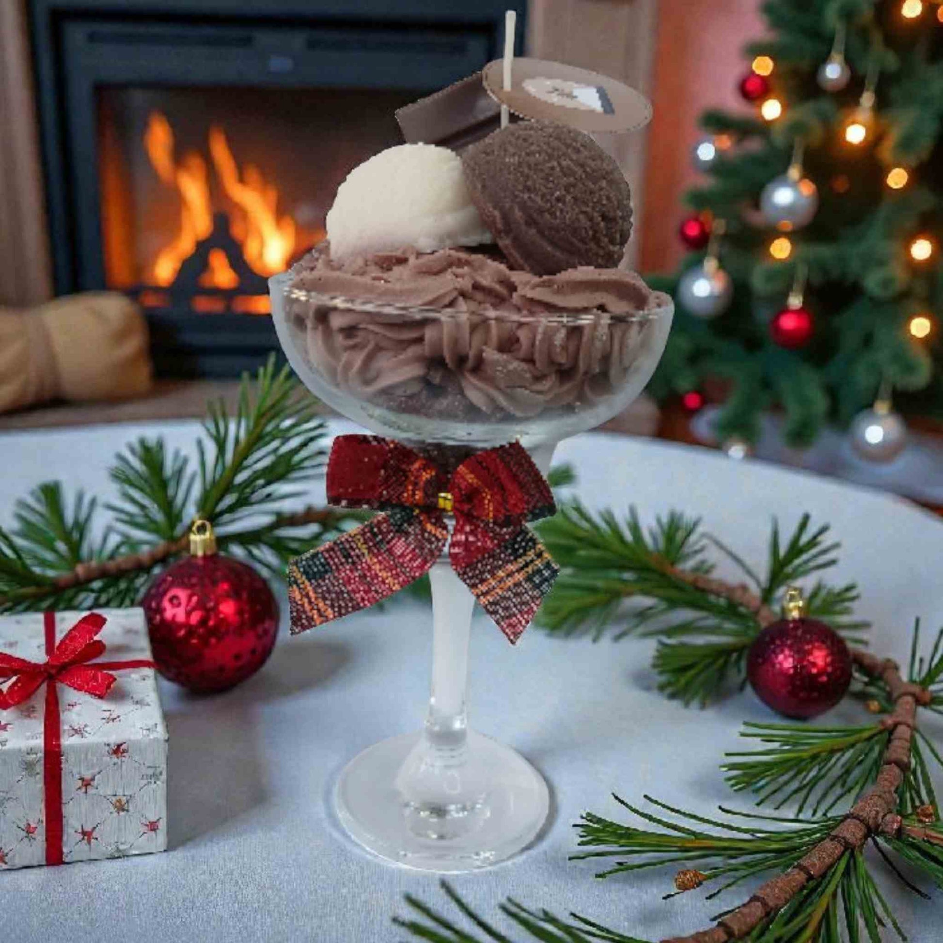 Lumanare de Craciun tip inghetata cu frisca si ciocolata din ceara naturala de soia, realizata handmade.