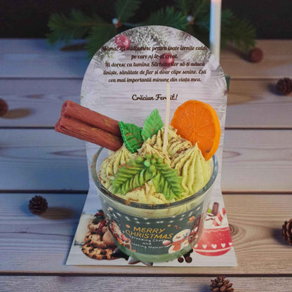 Lumanare de Craciun, tip desert, cu mesaj personalizat pentru mama, din ceara naturala de soia.