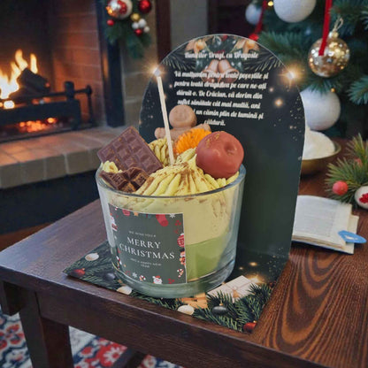 Lumanare tip desert de Craciun, mesaj personalizat pentru bunici, ceara naturala de soia