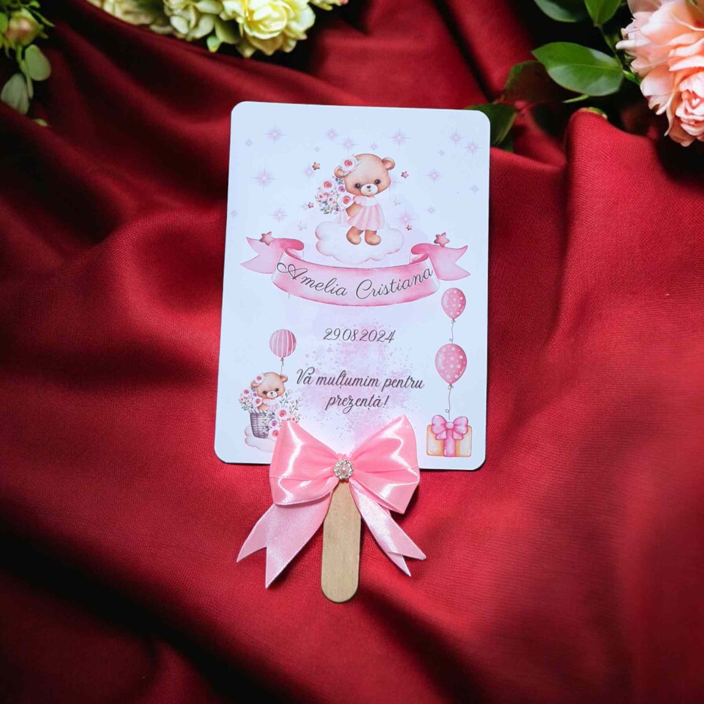 Marturie de botez fetita, evantai roz personalizat pe ambele parti. Marturii de botez personalizate.