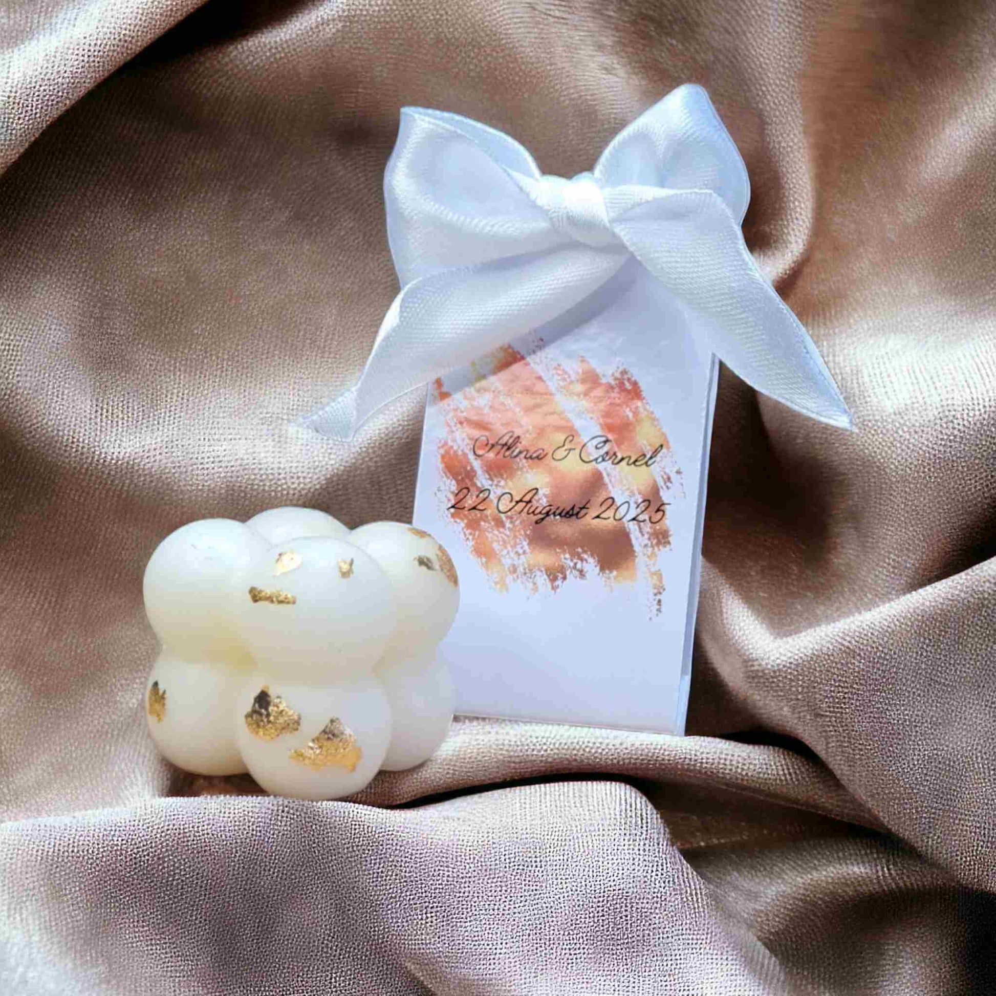 Marturii de nunta personalizate, gold, lumanare bubbe cu foita de aur. Marturii de nunta deosebite, 2025.