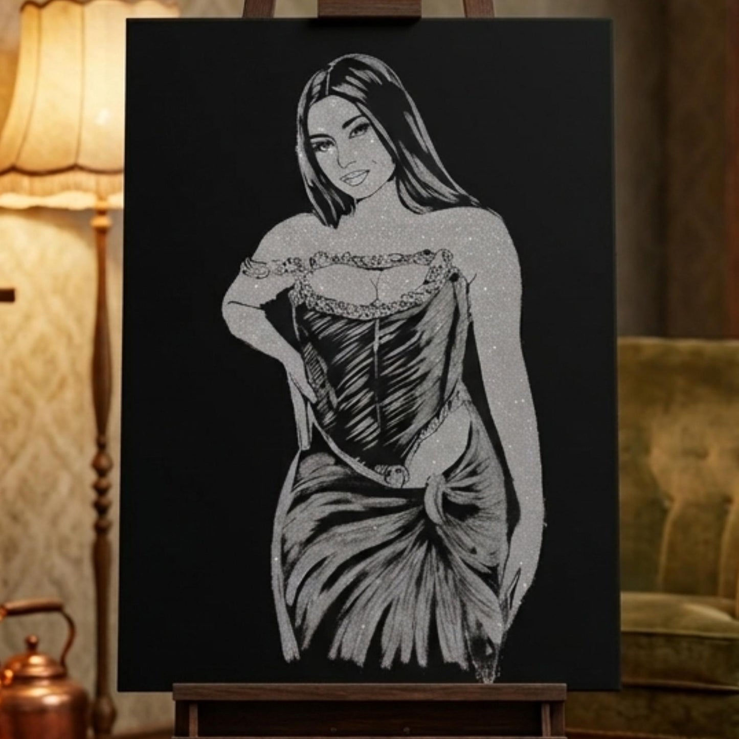 Tablou cu sclipici argintiu personalizat. Portret cu sclipici o persoana, 100x70 cm. Cadou unic.