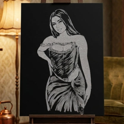 Tablou cu sclipici argintiu personalizat. Portret cu sclipici o persoana, 100x70 cm. Cadou unic.