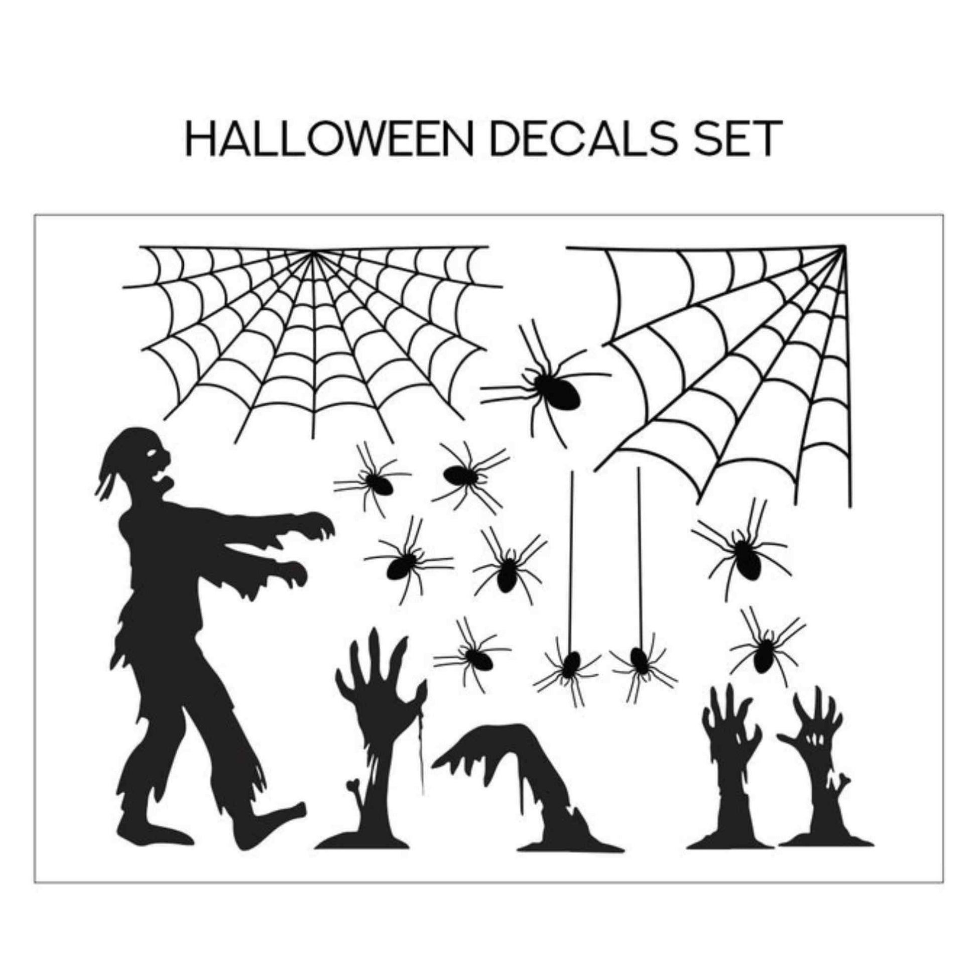 Set stickere de Halloween cu paianjeni si zombie, cu aplicare usoara pe geam sau perete. Decor de Halloween.