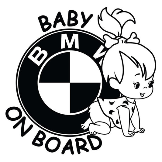 Sticker auto Baby on board, fetita, logo BMW, rezistent la jet de apa, cu aplicare usoara. Stickere Baby on board 20 cm.