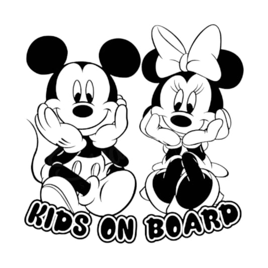 Stickere auto Kids on board cu Mickey si Minnie Mouse, rezistent la jet de apa si zgarieturi.