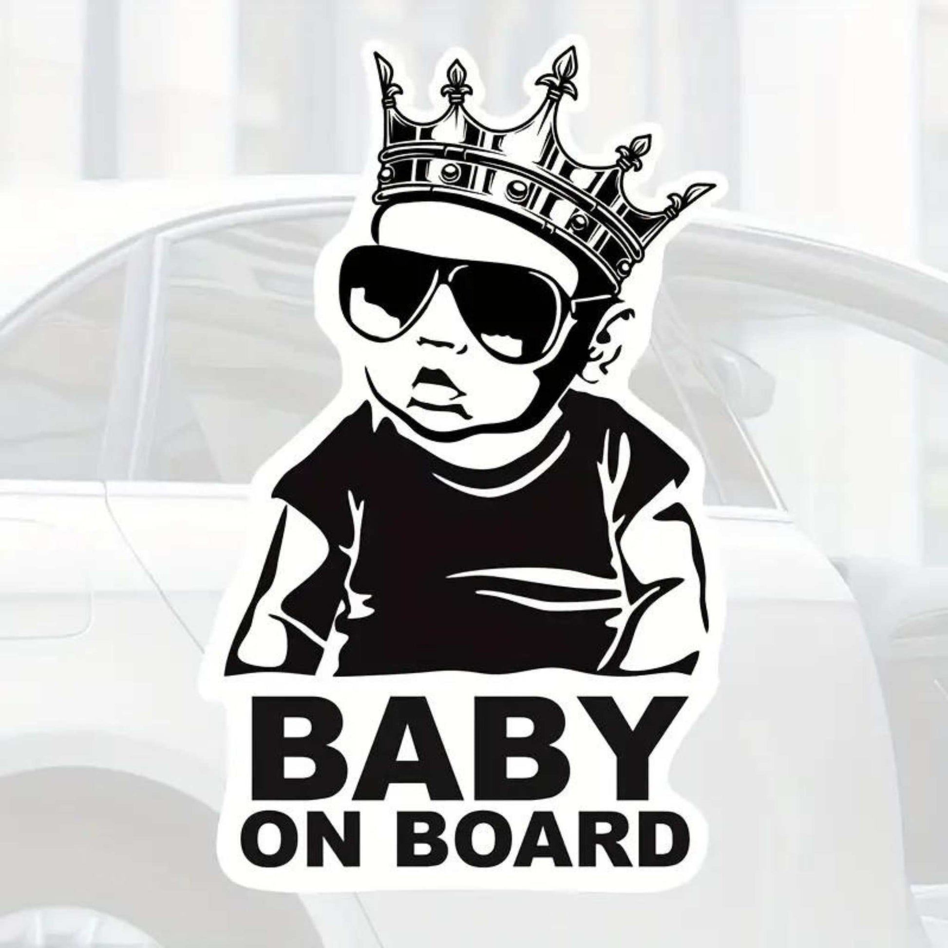 Sticker auto Baby on board, negru. baiat cu coroana. Sticker baby on board 20 cm.